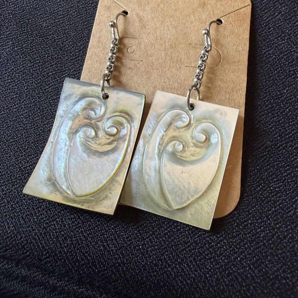 Mother of Pearl Shell Earrings Carved Parent Child Dangle Drop Shell